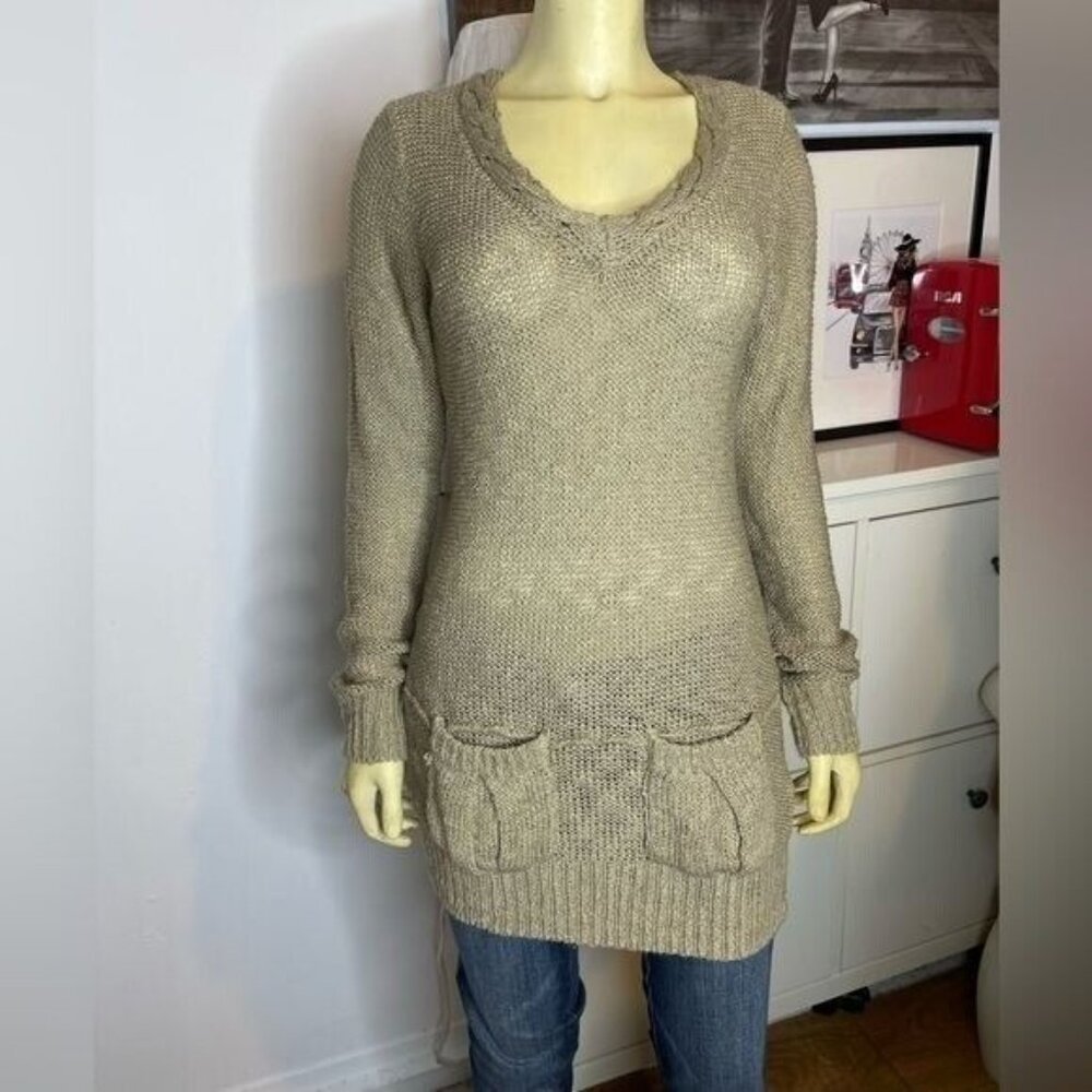 Aziza Taupe Open Knit Long V neck Sweater